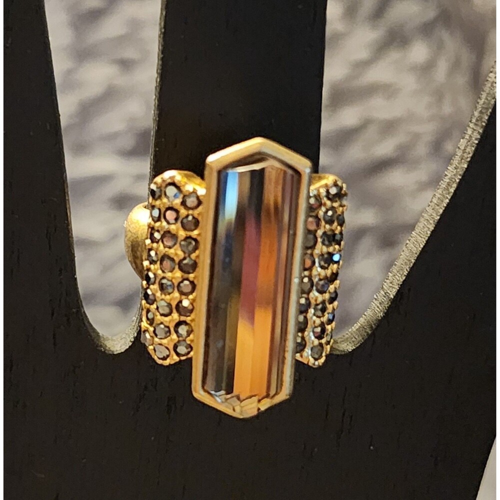 New Lia Sophia Art Deco Matte Gold Bronze Rhinestone Statement Cocktail Ring Sz